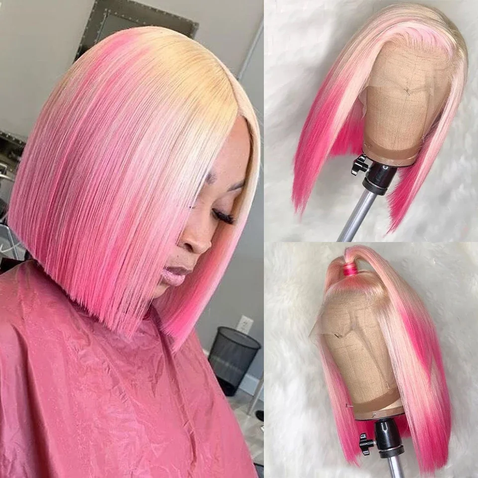 Ombre Pink Colored Human Hair Wigs Lace Front Short Bob Wig 613 Blonde Straight Glueless Lace Closure Wigs Pre Plucked for Women