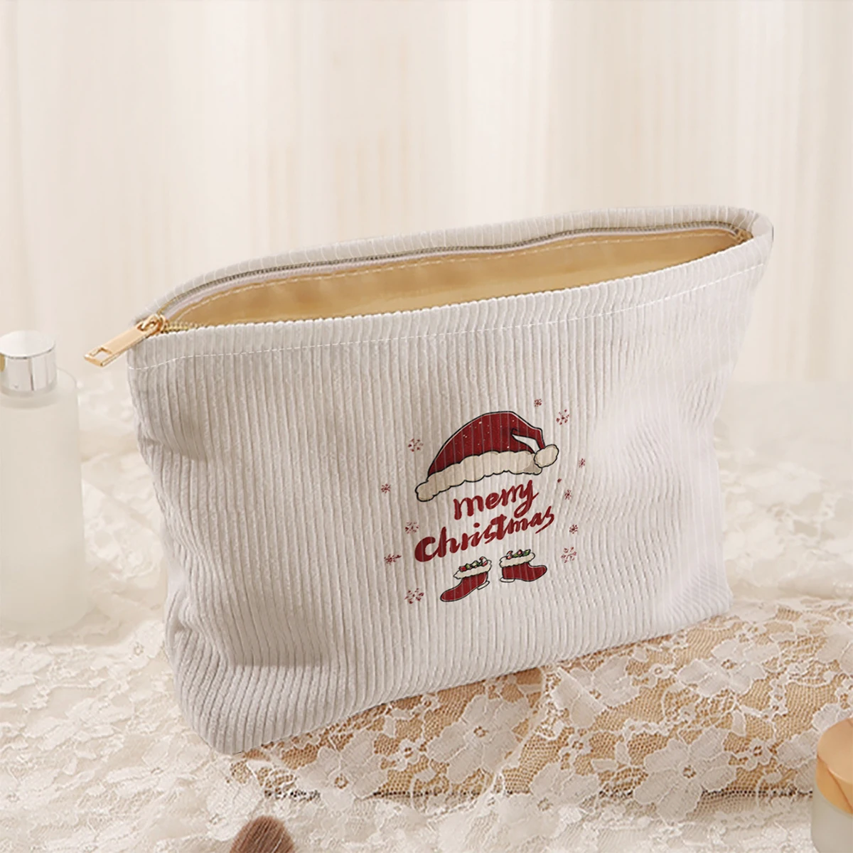 1 Christmas themed corduroy makeup bag, lightweight zipper makeup storage box, multifunctional bag with lining