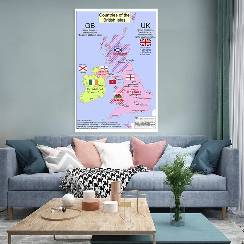 Non-woven Fabric 100x70cm Vertical Version Spray British Map In English Artistic Background Wall Chart Home Decor Room Supplies