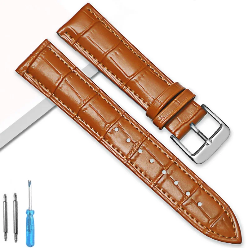 Premium Genuine Leather Watchband Strap with Steel Pin Buckle - High-Quality Wrist Bracelet with Tool Included