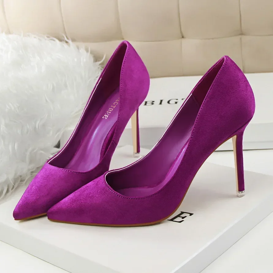 Women Elegant Flock Orange Purple Evening Banquet Party Pumps Lady Classic Scarpin New Burgundy 9cm High Heels Shoes Plus Size 3