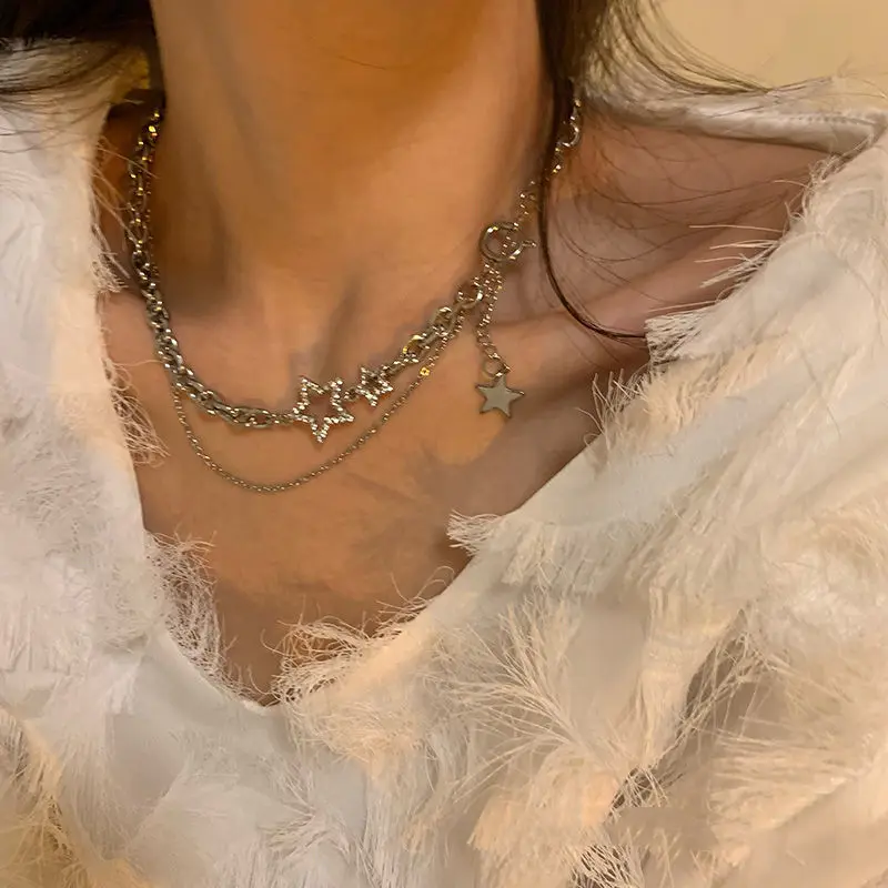 Shiny Star Layered Tassel Choker Necklace Y2k Jewelry for Women