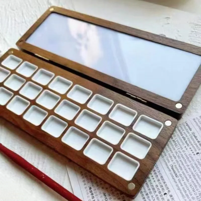 Empty Watercolor Palette Travel Portable 24Grid Walnut Paint Box Watercolor Storage Artist Painting Art Supplies