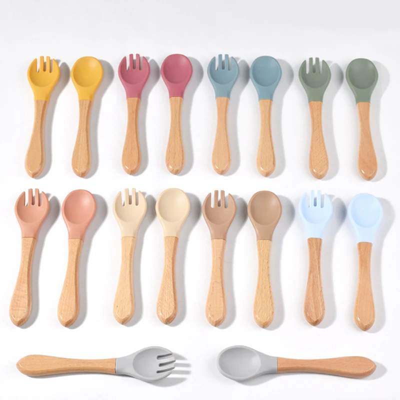 Food Grade Silicone Baby Utensils Wooden Handle Fork&Spoon For Children Eating Training Spoon For Complementary Food Tableware