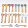 Food Grade Silicone Baby Utensils Wooden Handle Fork&Spoon For Children Eating Training Spoon For Complementary Food Tableware 6