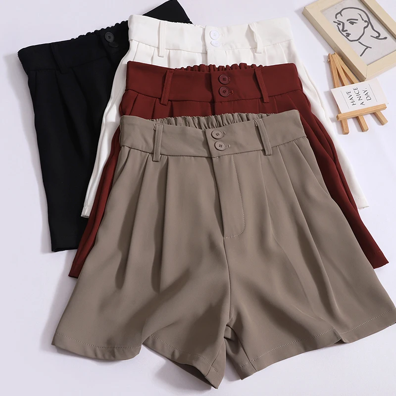 

ITOOLIN Summer Thin Women Suit Shorts With Pocket Beach Vacation Casual Trousers Loose High Waist Women Office A-line Shorts