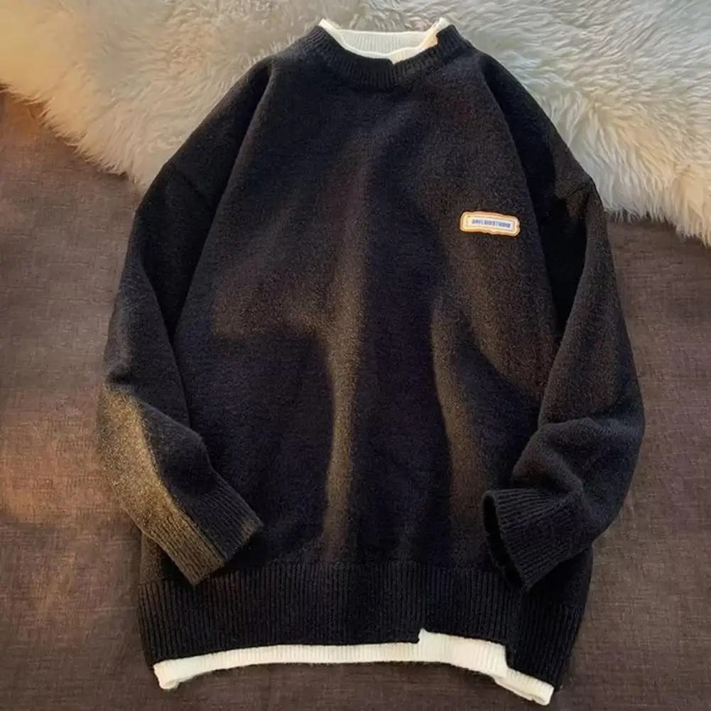 

Fake Two-piece Sweater Thick Knitted Men's Fall Winter Sweater with Fake Two-piece Design Warm Long Sleeve O Neck for Cold