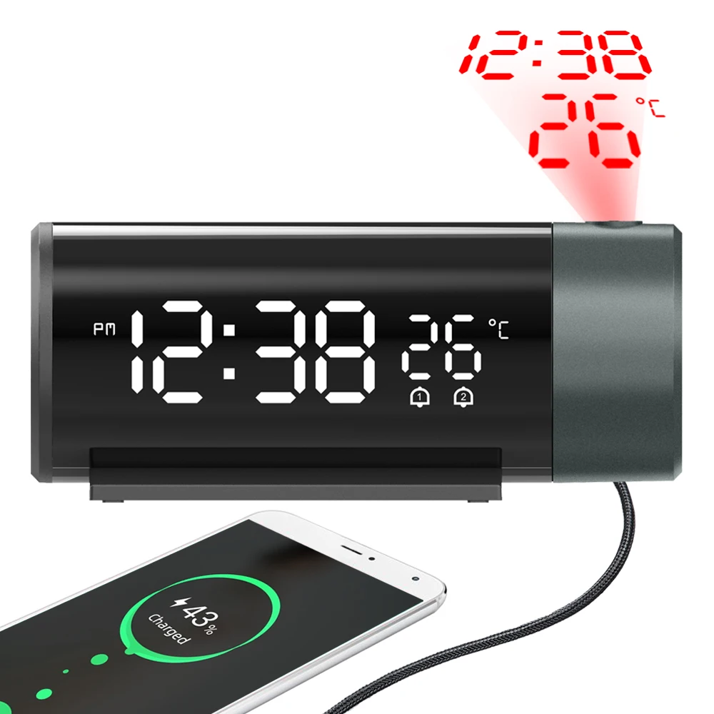 Projection Digital Alarm Clock with 180&deg; Rotatable Projector Clear LED Display 4-Level Brightness Dimmer for Bedroom