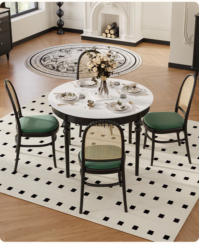 

French Retro Solid Wood Stone Plate round Dining Tables and Chairs Set Rattan Living Room American Light Luxury Dining Table