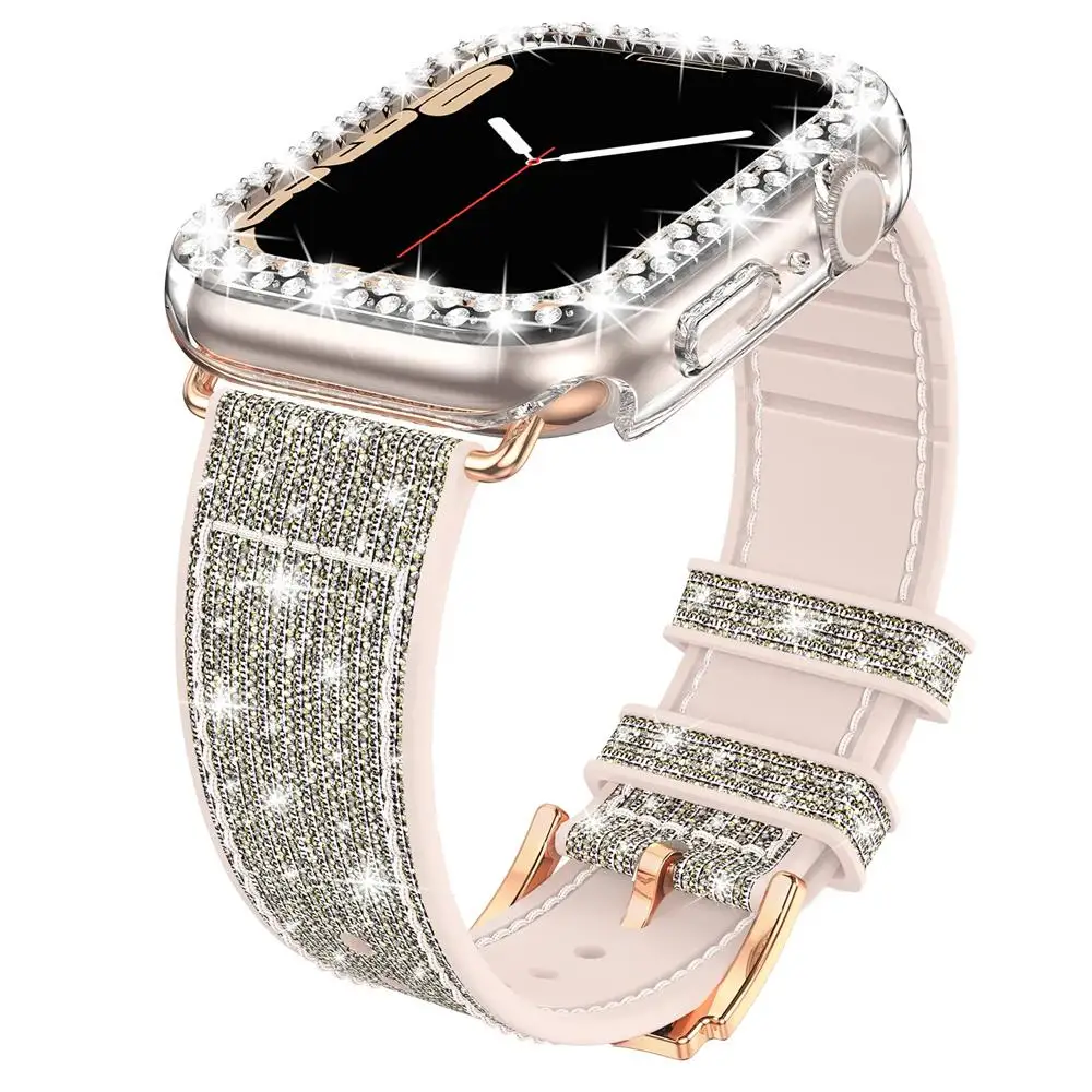 Case+silicone Leather Strap For Apple watch band 41mm 45mm 40mm 44mm 38mm 42mm 44 Bling bracelet iWatch serie 3 4 5 6 se 7 strap