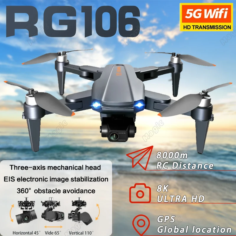 RG106 PRO 전문가용 접이식 드론, 8K HD 듀얼 카메라, GPS, 와이파..
