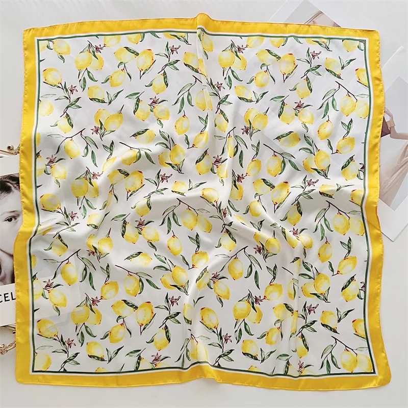 70*70cm Zitrone Druck frauen Silk Schal Luxus Kopftuch Krawatten Mode Schmücken Handtuch Weibliche Sommer Hijab Tasche bänder – Detail 3