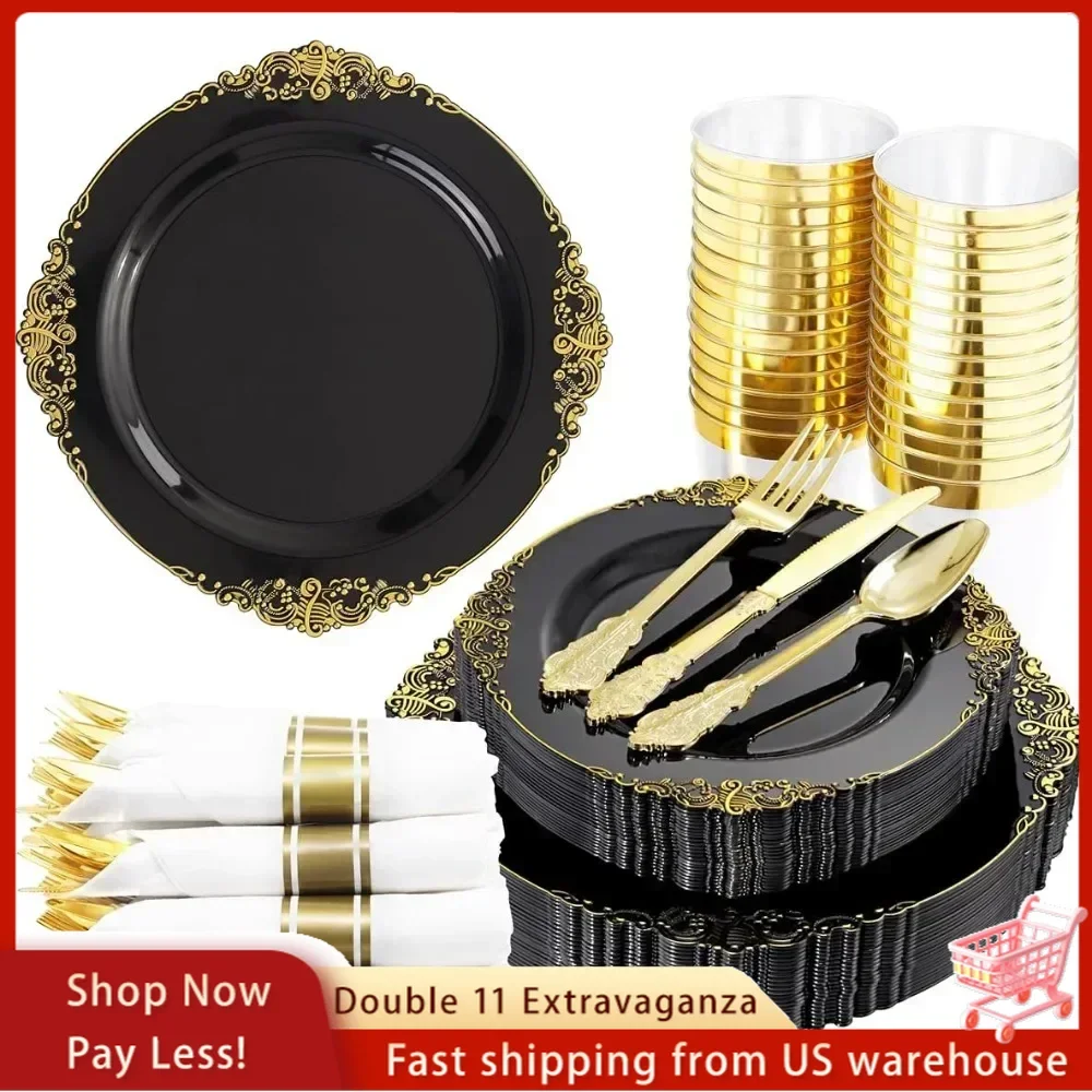 350 pieces of black and gold plastic plates with gold plastic silverware, disposable cutlery for weddings and parties