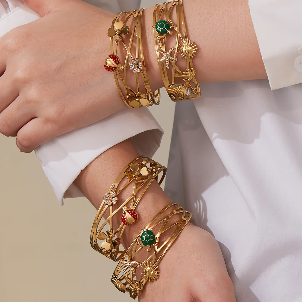 Mehrschichtiger, glänzender Zirkon-Edelstahl-Vergoldeter Manschettenarmreif für Damen, rot, grün, Emaille, Käfer, Schildkröte, Seestern, Blumenarmband – Detail 9