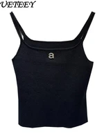 Design Sense Niche Black Beaded Letter-Printing Sleeveless Camisole Women's Summer Crop Tops Hot Girl Outer Wear Short Base Vest