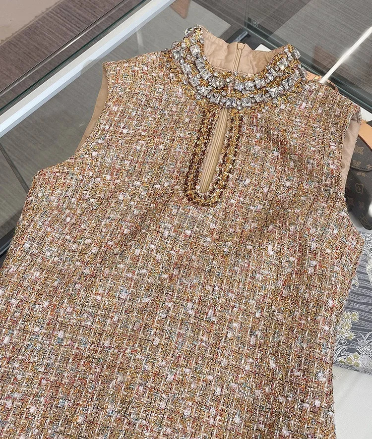 Elegant Tweed Beaded Stand Vest Dress Fashion Gold Hollowed Out Sleeveless Short Dresses Women 2025 New Spring Summer A8299