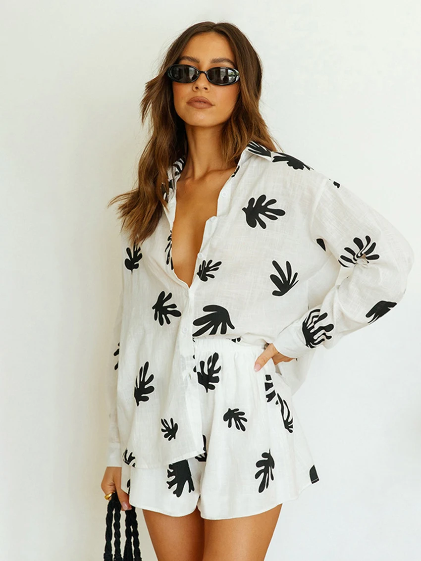 Marthaqiqi Spring Ladies Nightwear Set Turn-Down Collar Pajama Long Sleeve Nightgown Shorts Casual Printing Women Sleepwear Suit