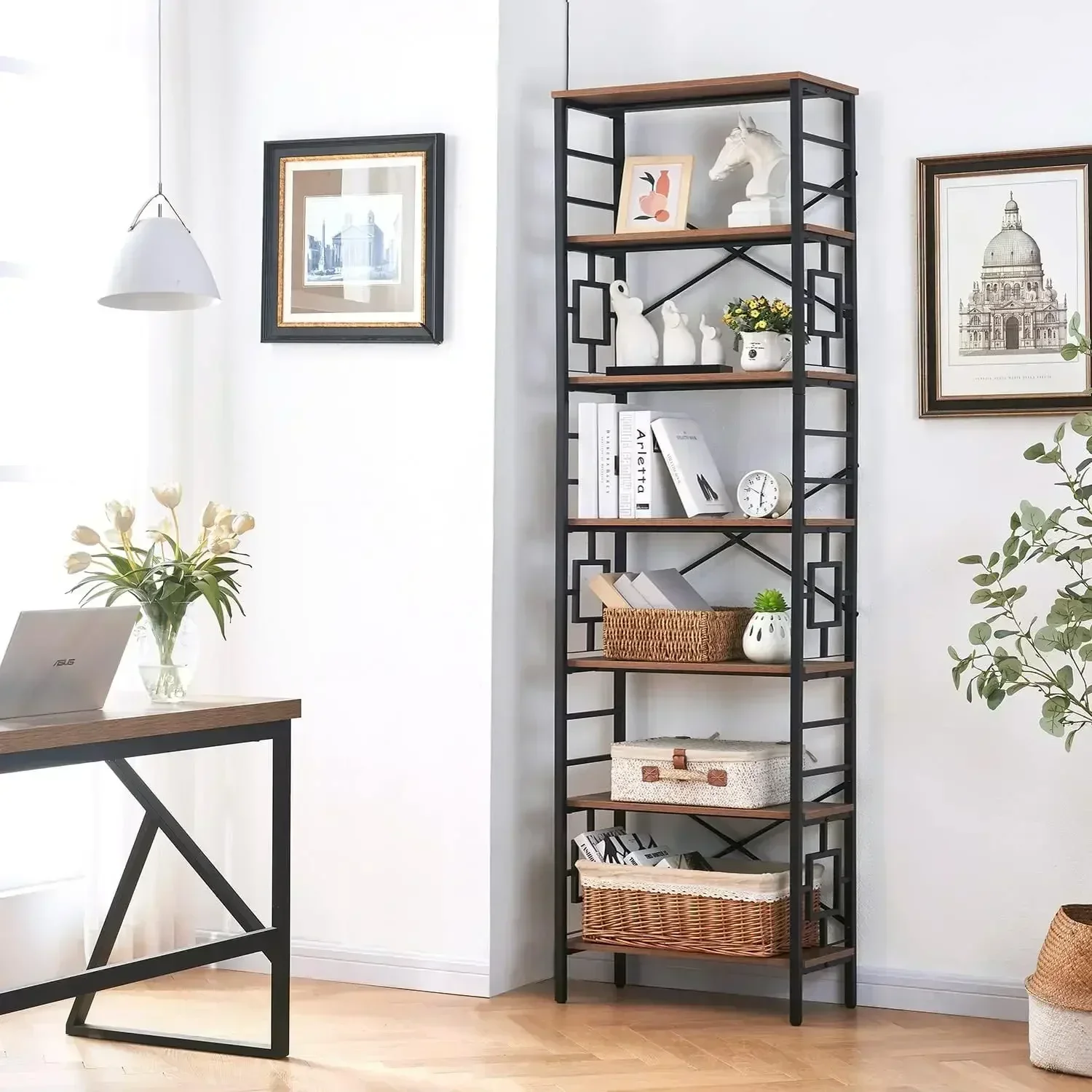 New2025-Tall Bookshelf, 84 Inch Industrial Bookshelf with Metal Frame and Open Shelves, 7 Tier Metal Bookshelves and Bookcases