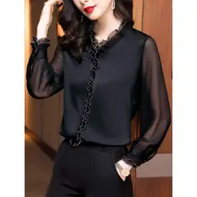 

Lace Ruffles Chiffon Shirts Women's Clothing 2021 Autumn Winter New Office Lady Long Sleeve Pullovers Vintage Elegant Blouse 4XL