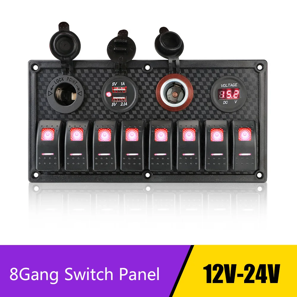 

Digital Voltmeter Car Marine RV Circuit LED Breaker 8/ 5 Gang Switch Panel Dual USB Cigarette Lighter Socket 12V/24V