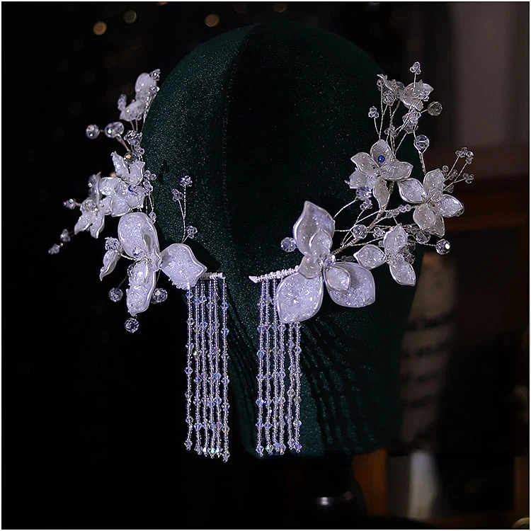 

2pcs Exquisite Petal Tassel Ear Hanging Women ear side decoration hair Ornament Bride's Wedding Hair Accessories