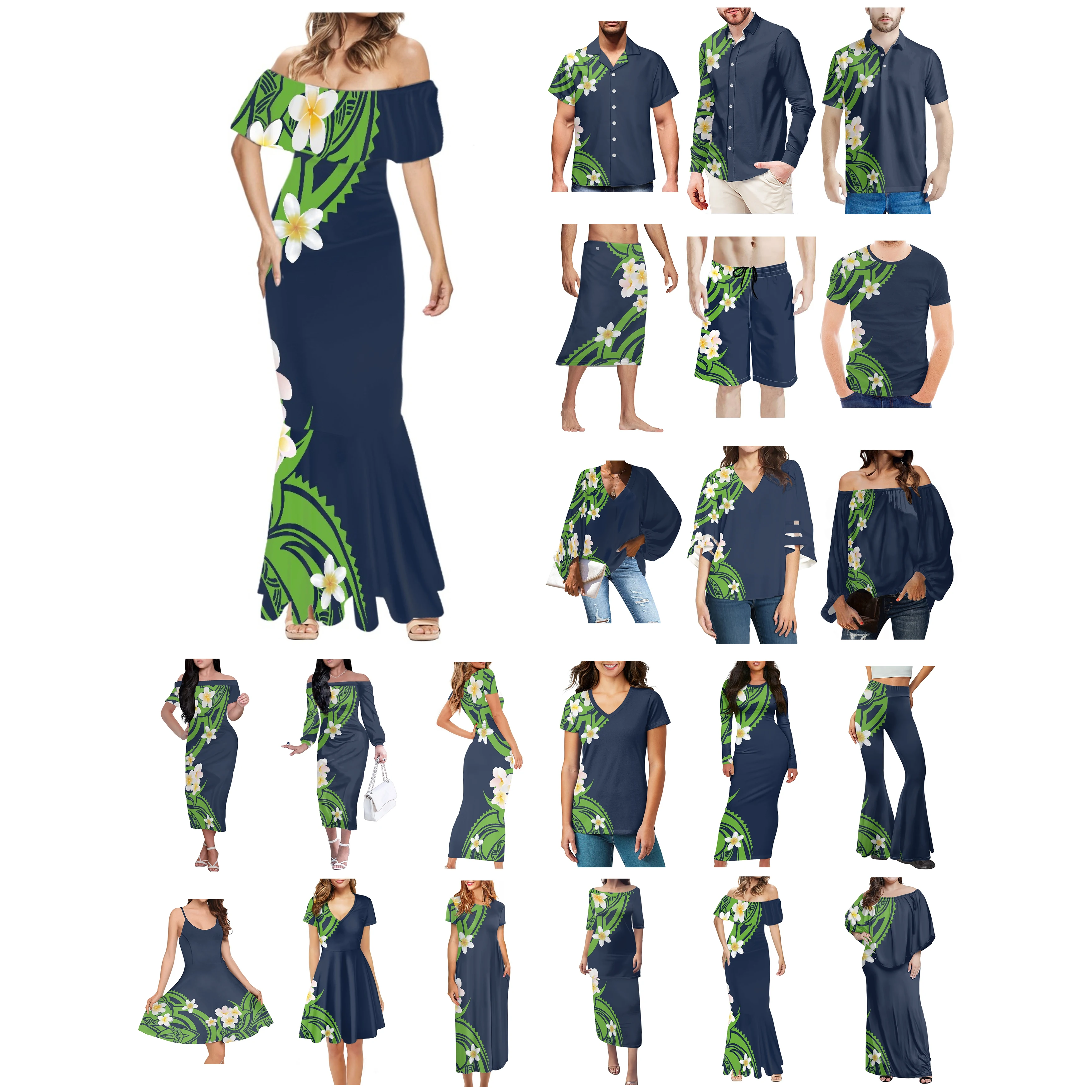 

Polynesian Tonga Hawaii Fiji Guam Samoa Pohnpei Tribal Tattoo Prints Clothe Women Dress Matching Men Shirt Plumeria Lover Clothe