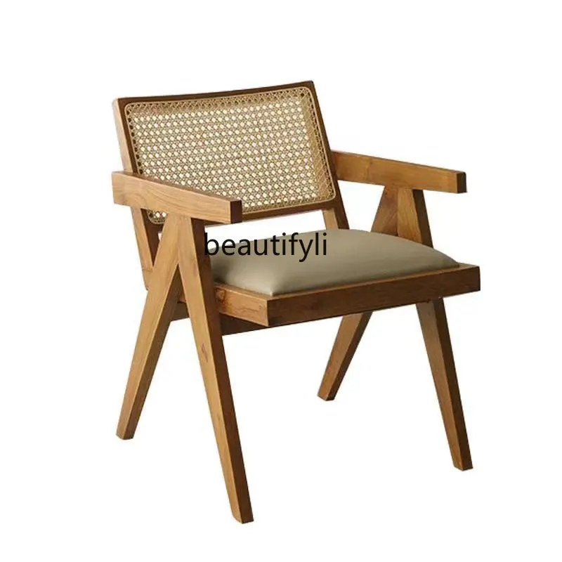 

Japanese-Style Solid Wood Rattan Chair Home Dining Chair Creative Retro Log Armchair