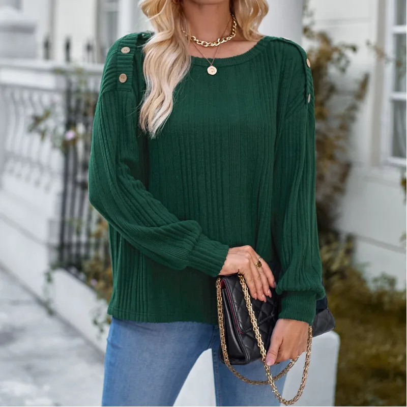 

2023 Spring and Autumn Women's Solid Round Neck Long Sleeve Loose Bottom Button Fashion Casual Formal Office Lady Tops