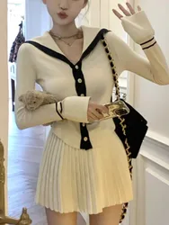 Sweet Knitted Two Piece Set Women Sailor Collar Long Sleeve Single Breasted Top Pleated Mini Skirt Autumn Winter Fashion Outfits