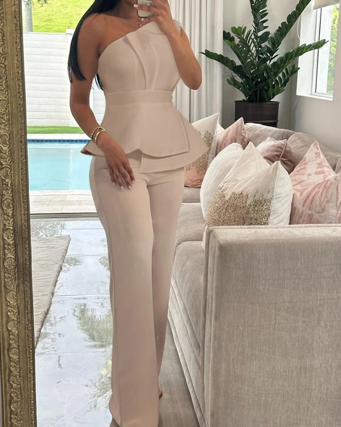 Elegant Two Pieces Set for Women 2024 Sleeveless Diagonal Collar One Shoulder Ruched Top & High Waist Straight Leg Pants Set
