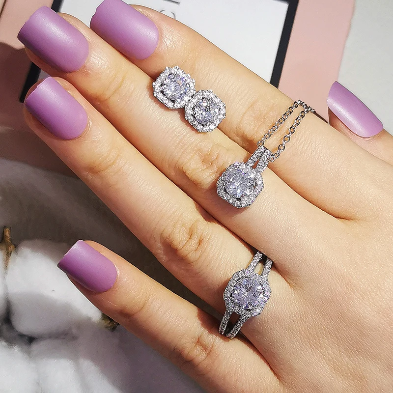 2pcs Pack Dubai Silver Color Jewelry Set Engagement Ring Necklace Pendant for Wedding Bridal Jewelry for Women Earring J1104