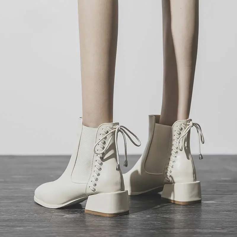 Women's Spring Autumn Chelsea Boots Lady Fashion Back Lace Up PU Leather Black Shoes 2023 New Shoes Female Korean Fashion Gift