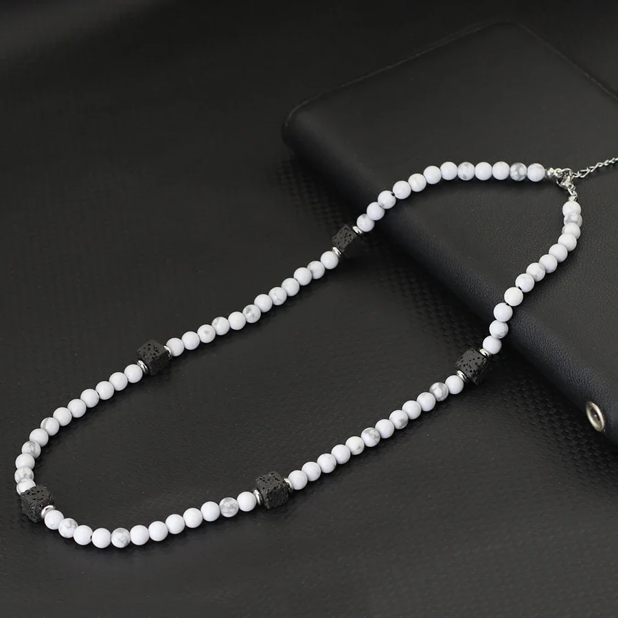 Punk Natural Stone Necklace Men 6mm Onyx Tiger Eyes Howlite Beads Stainless Steel Buckle 52cm Short Collar Healing Neck Jewelry – Detail 9
