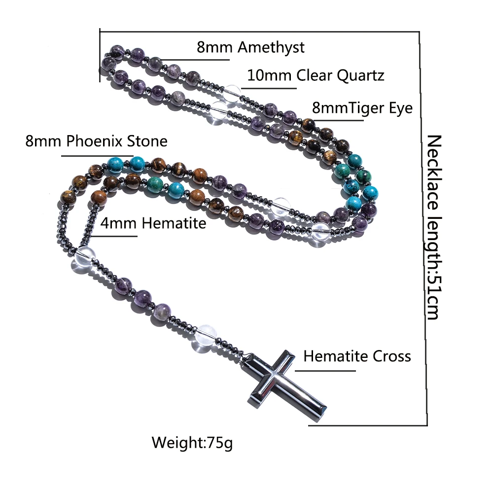 Natural Tiger Eye Amethyst Catholic Christian Rosary Men and Women Necklace Hematite Cross Pendant Meditation Yoga Mala Jewelry