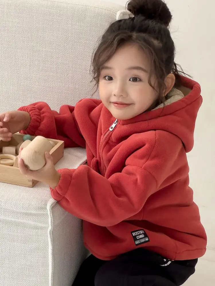Jacket Plain Red Hoodie Kids Winter Warm Baby Girls Boys Plain