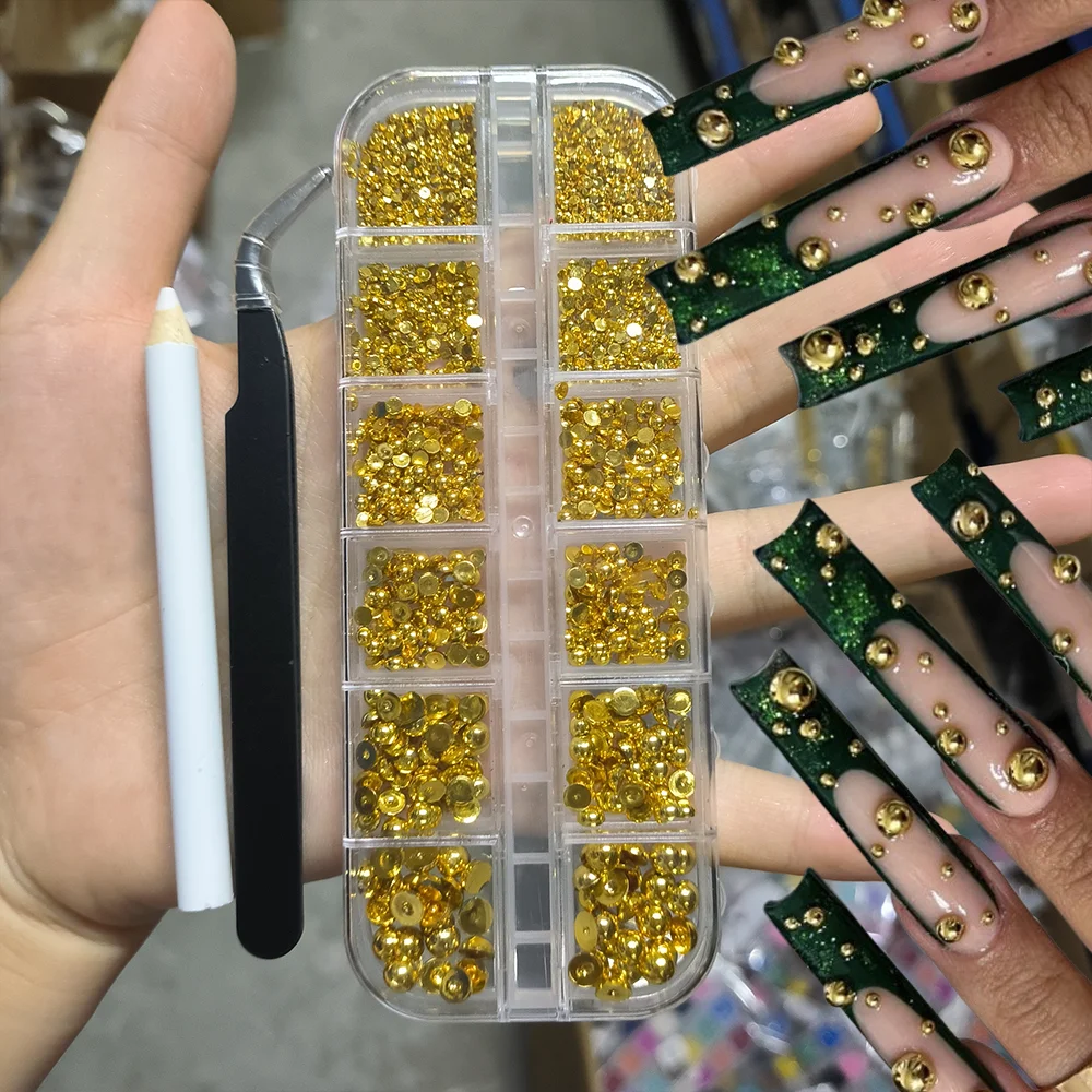 12 Gitter 3D-Silberperlen-Nagel-Charms in verschiedenen Größen, flache Rückseite, Kaviar-Perlen, Nagelkunst-Dekoration, DIY, Halloween, Weihnachten, Maniküre-Teil – Detail 1