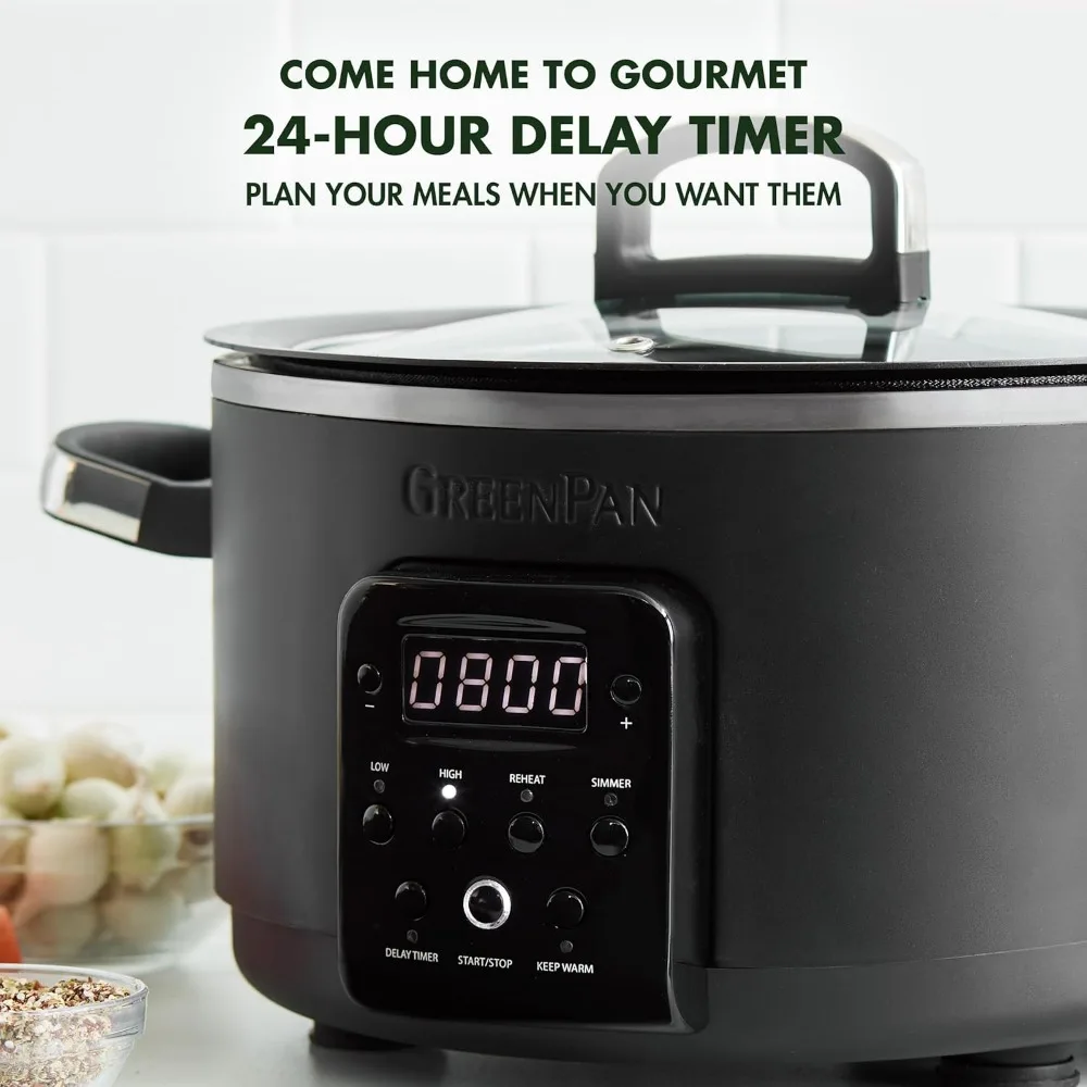 6-in-1 4QT Electric Ceramic Slow Cooker with Glass Lid, Multifunction Presets, Hard Anodized