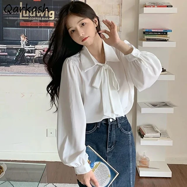 White Shirts Women Bow Casual Cute Ulzzang Students Long Sleeve Fashion  Simple All-match Spring Clothing