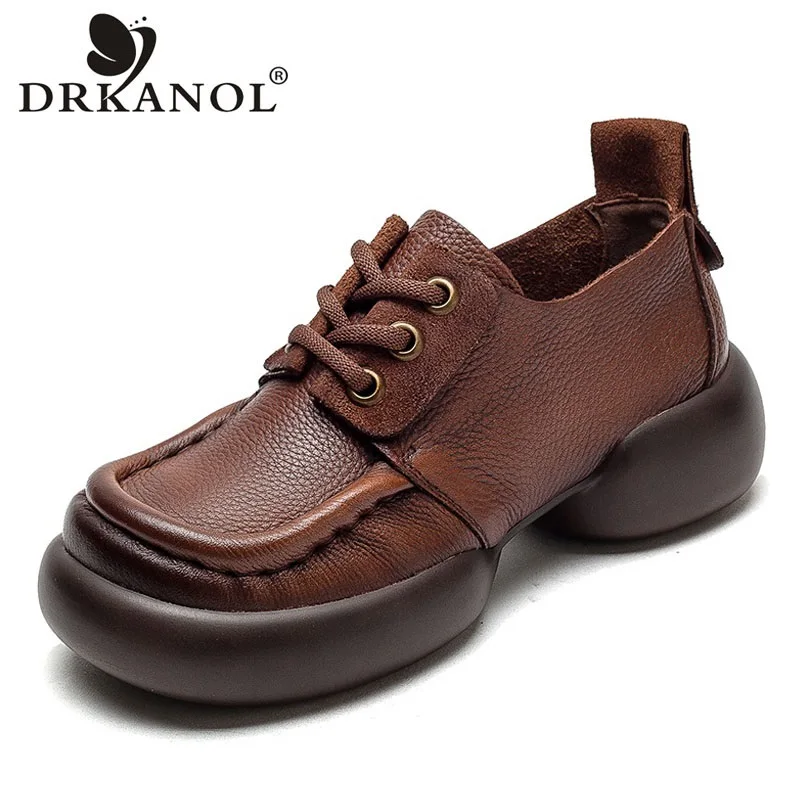 

DRKANOL Handmade Retro Genuine Leather Shoes Spring Round Toe Thick Heel Chunky Platform Literary Style Casual Single Shoes