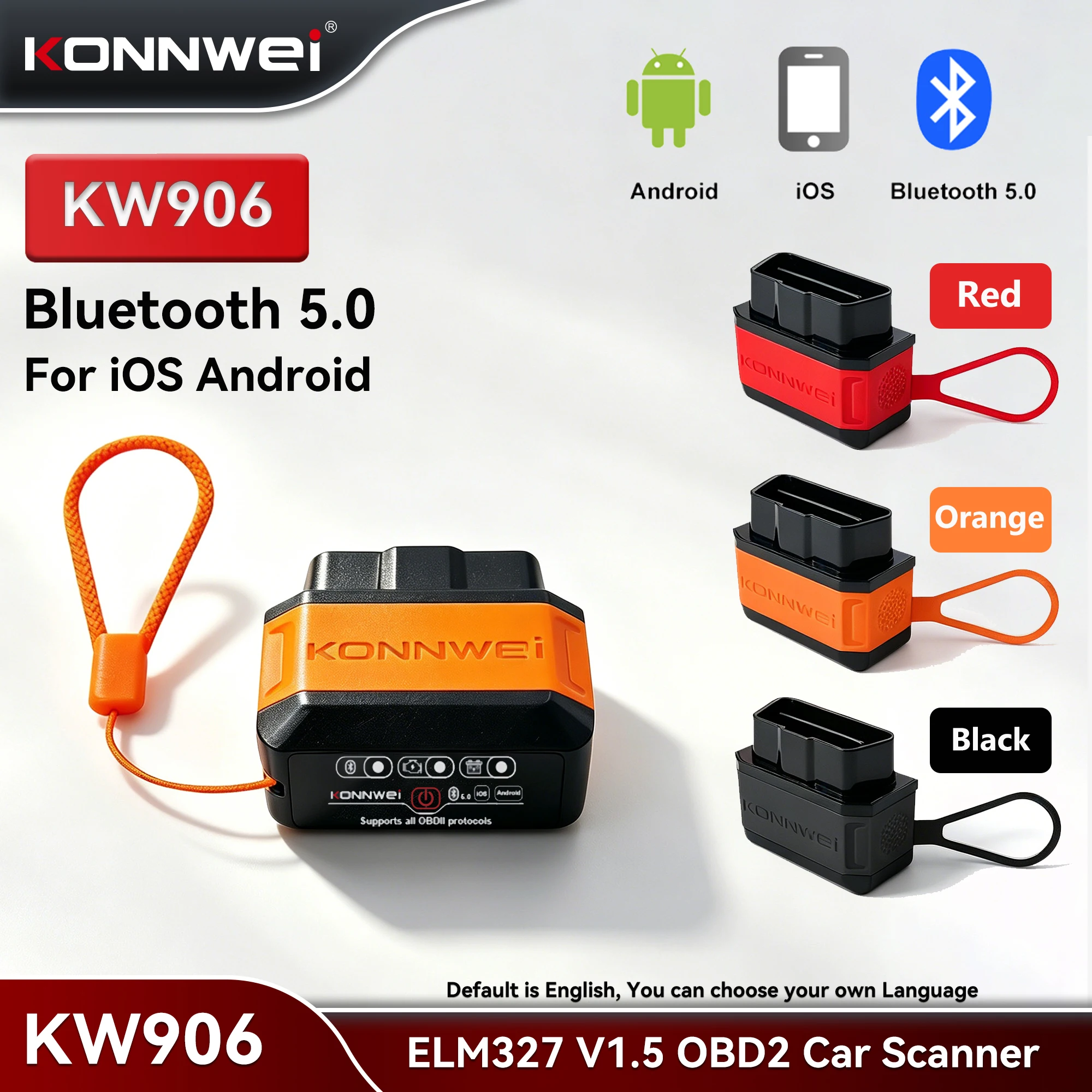 KONNWEI KW906 ELM327 V1.5 OBD2 Autofehlerscanner Bluetooth 5.0 OBDII-Diagnosetool für Android/IOS-Codeleser