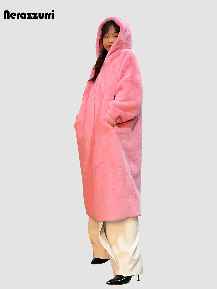 

Nerazzurri Winter Long Oversized Pink Fluffy Thick Warm Faux Rex Rabbit Fur Coat Women with Hood Loose Casual Korean Fashion