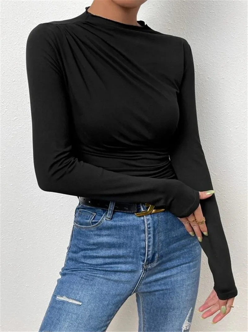 Solid Casual Pleated T-shirt For Women Patchwork Long Sleeve High Waist Inner Ruffled Crop top Ladies Vintage Y2k Top Tee
