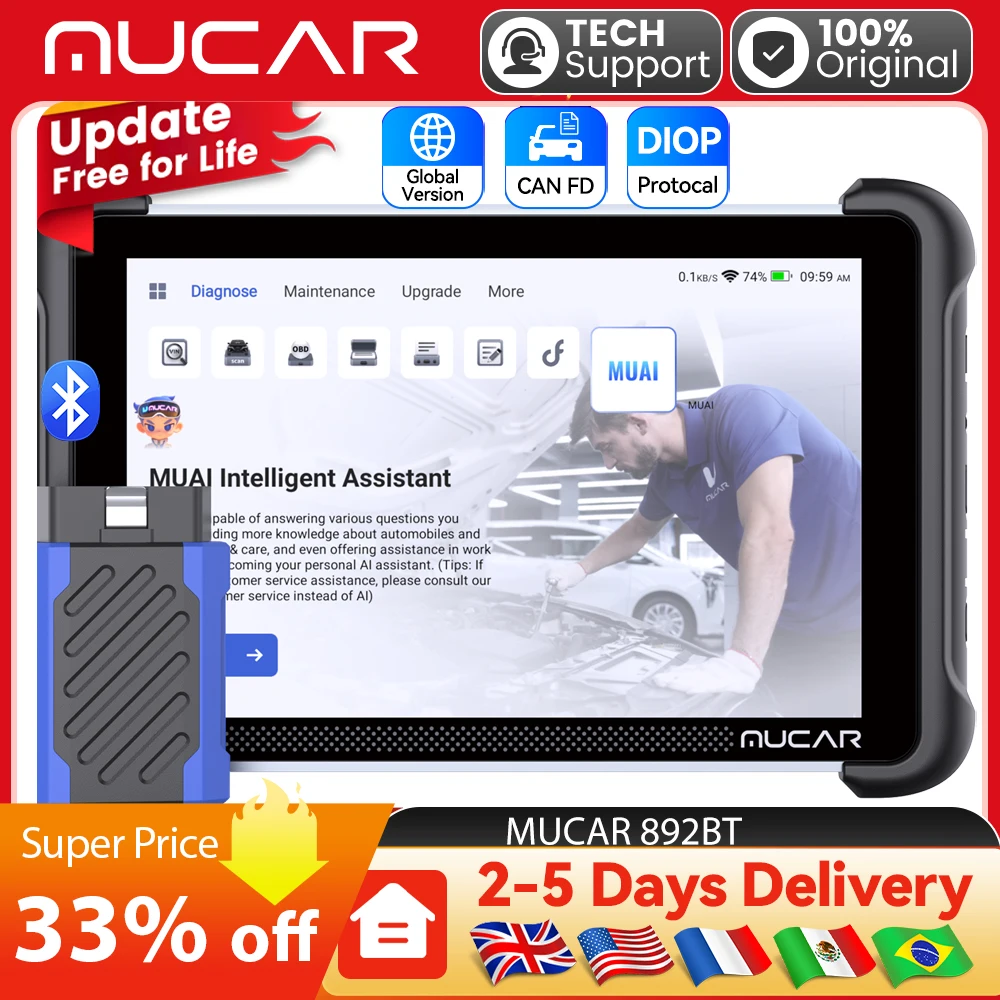 MUCAR 892BT Professional OBD2 Diagnostic Tool All System Diagnosis ECU Coding Bi-directional Scanner CANFD DOIP 34 Reset Free