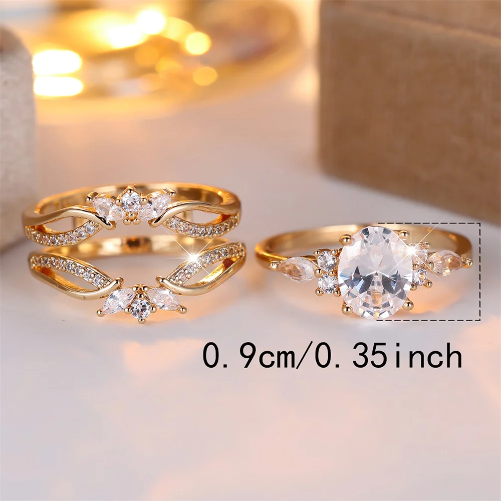 White Zircon Oval Stone Cute Flower Ring Sets For Women Vintage Gold Color Engagement Bands Wedding Jewelry Set Versatile Gifts