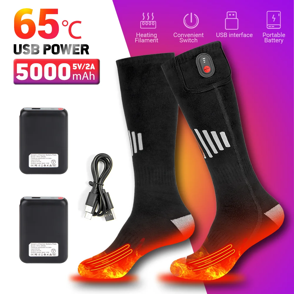65℃ Heated Socks Winter Warmth 5000mAh USB Rechargeable Heating Socks Outdoor Spots Heated Boots Snowmobile Skiing Sock