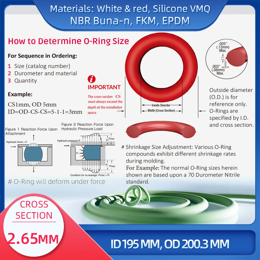O  CS 2.65mm ID 195 mm OD 200.3mm , Ǹ VMQ NBR FKM EPDM ORing Seal Gaske