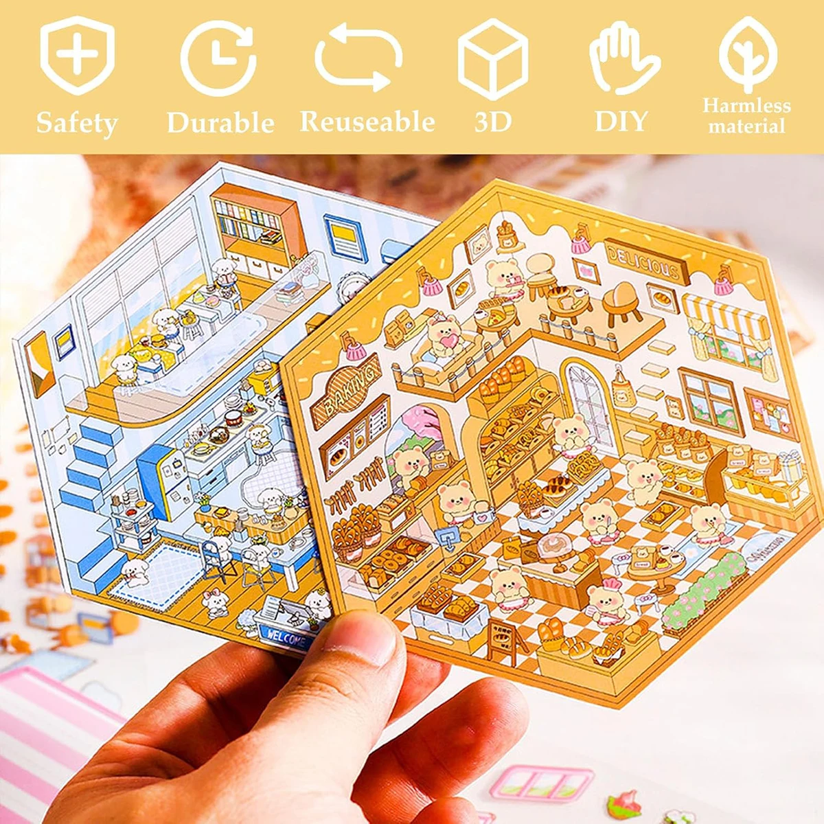 DIY 3D 스티커 장면으로 집을 귀엽고 예쁜 곳으로 꾸며보세요, 카와이 테라피 스티커, 스트레스 해소, 휴일 크리스마스 활동, 부활절 바구니 선물