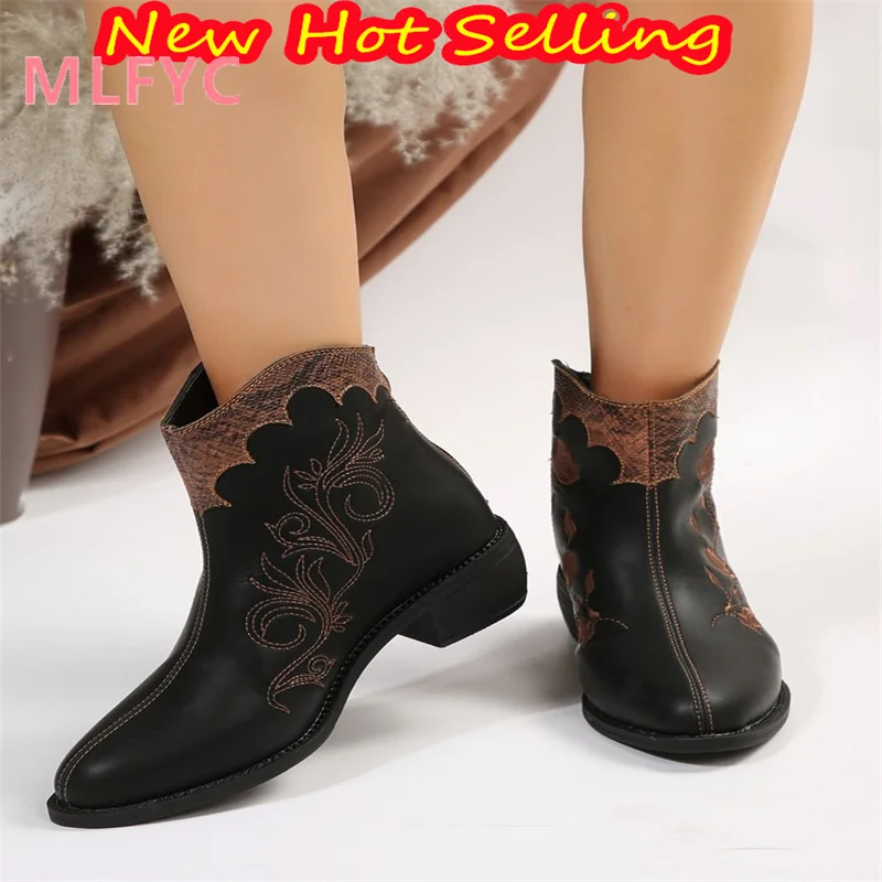 2023 Winter New European and American Back Zipper Women's Boots Fashion Embroidery Flower Large Heel Short Boot