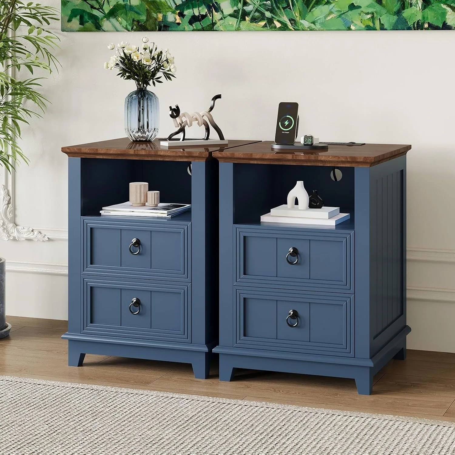 18 Inch Wood Nightstand with USB Charging Station Modern Fluted Bedside Table 2 Drawer End Table with Storage Shelf for Bedroom Living Room Home Office Apartment Dorm Blue 8 18 Inch Wood Nightstand with USB Charging Station Modern Fluted Bedside Table 2 Drawer End Table with Storage Shelf for Bedroom Living Room Home Office Apartment Dorm Blue 8