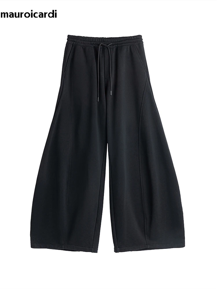 Mauroicardi Autumn Black Flowy Baggy Wide Leg Pants for Mens with Drawstring Elastic Waist Streetwear Loose Casual Soft Trousers 5